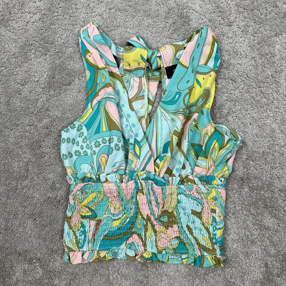 Milk & Honey Paisley Halter Tank Top Tie Neck Pastel Blue Pink Teal Hippie Retro
